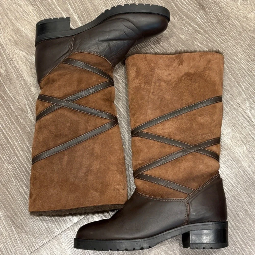 La Canadienne Brown Leather Suede Shearling Foldable Cuff Winter Boots 7 Cozy